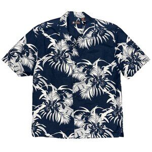 EUC Men's CENTRO Blue White Tropical Linen Blend Short Sleeve Shirt‎ | Size M